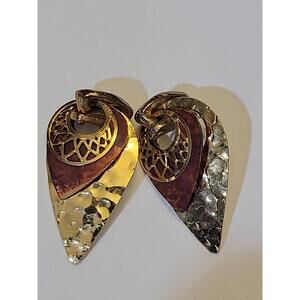 Vintage Signed NF  Sterling Gold Red 3 Layers Earrings Jewelry